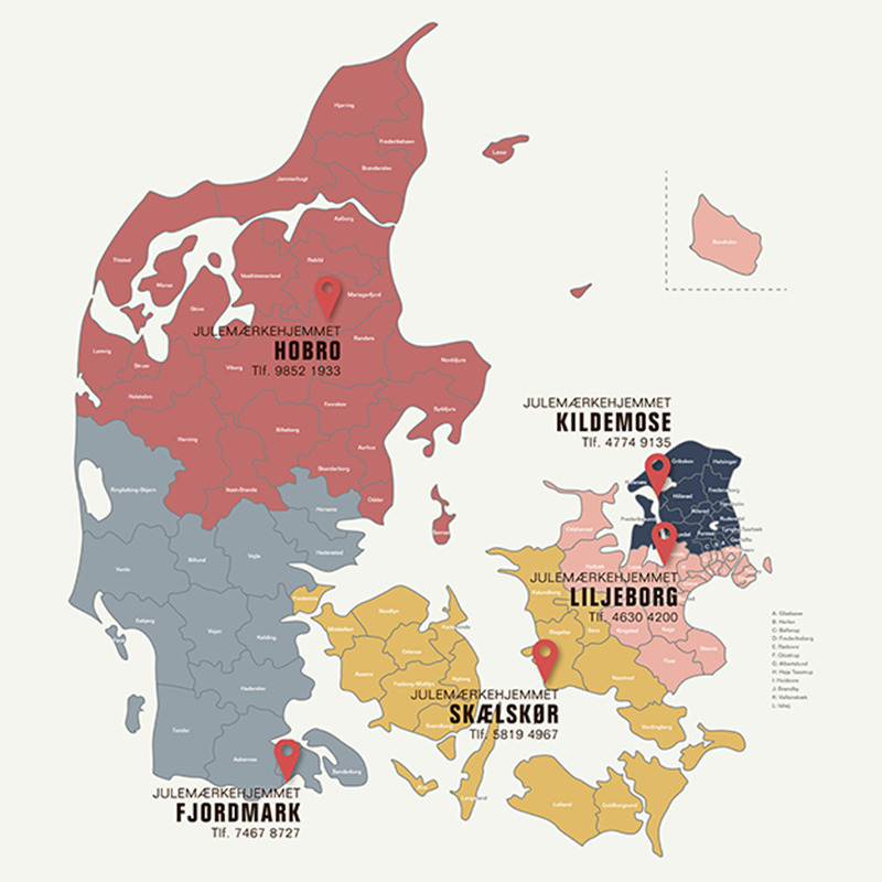 Kort over Julemærkehjem og kommuner i Danmark
